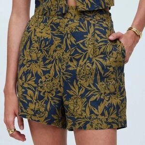 Madewell Womens Linen Floral High Rise Pleated Shorts Navy Mustard Yellow Size S
